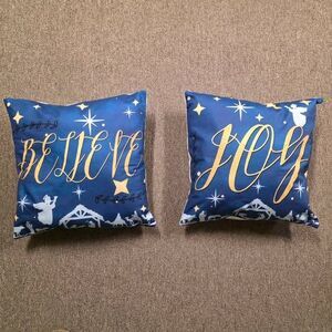 Set of 2 Christmas Pillows- "JOY" & "BELIEVE" - Navy Blue & Gold Nativity Decor
